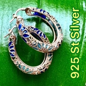 NWT 925 ST SILVER & ENAMEL PERFORATED FILIGREE HOOPS EARRINGS